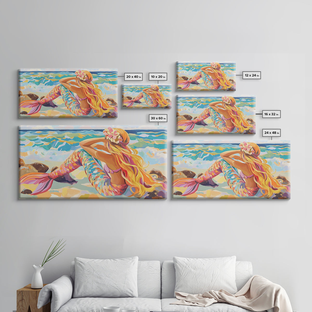 Blonde Mermaid On Sunny Beach Canvas Print, Fantasy Wall Art, Coastal Ocean Decor, Whimsical Nursery Or Bathroom Decor Gift