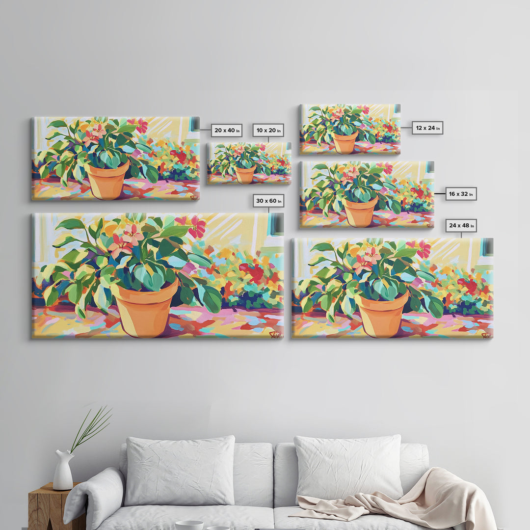 Potted Citrus Tree With Pink Flowers Canvas Print, Botanical Wall Art, Garden Decor, Bright Living Room Home Decor Gift Idea