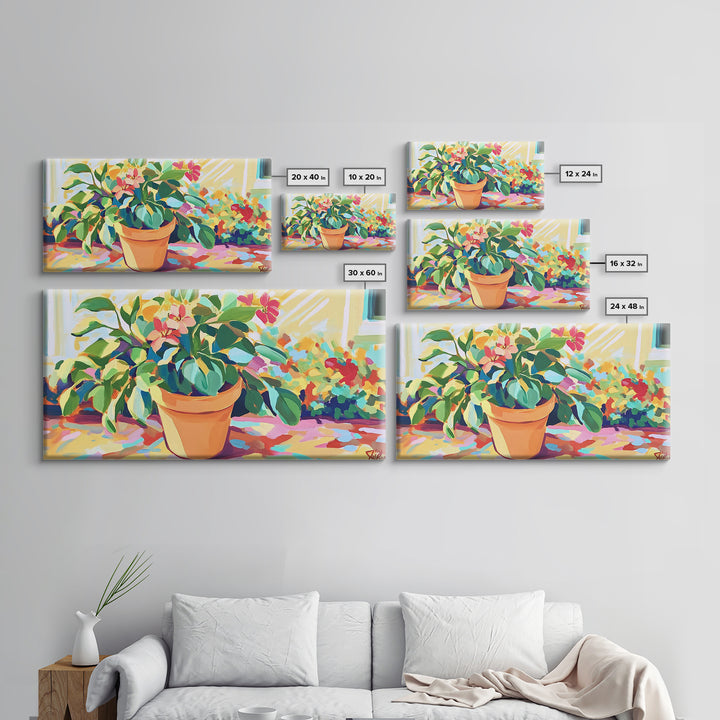 Potted Citrus Tree With Pink Flowers Canvas Print, Botanical Wall Art, Garden Decor, Bright Living Room Home Decor Gift Idea