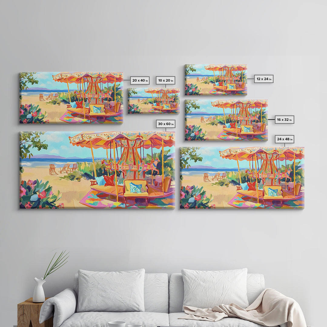Beachside Carousel With Ocean Chairs Framed Canvas Print, Coastal Wall Art, Summer Beach Decor, Colorful Living Room Art