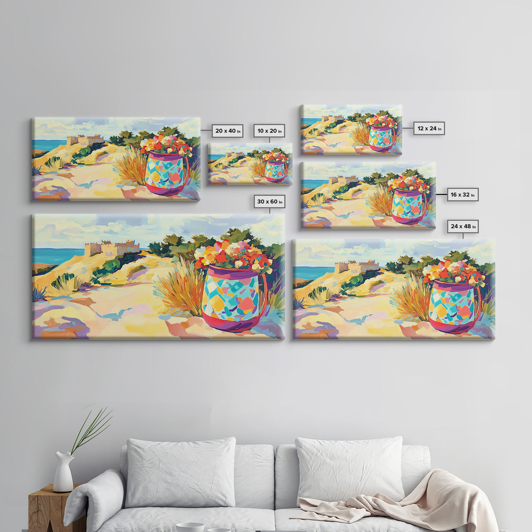 Seaside Dunes Castle And Mosaic Flower Pot Canvas Print, Coastal Wall Art, Beach House Decor, Summer Landscape Art Print