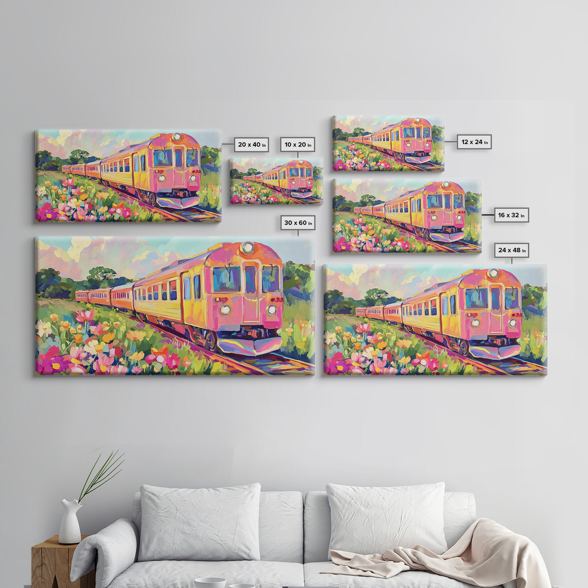 Pink Yellow Train Through Wildflower Meadow Framed Canvas Print, Colorful Wall Art, Travel Decor, Modern Landscape Art Print