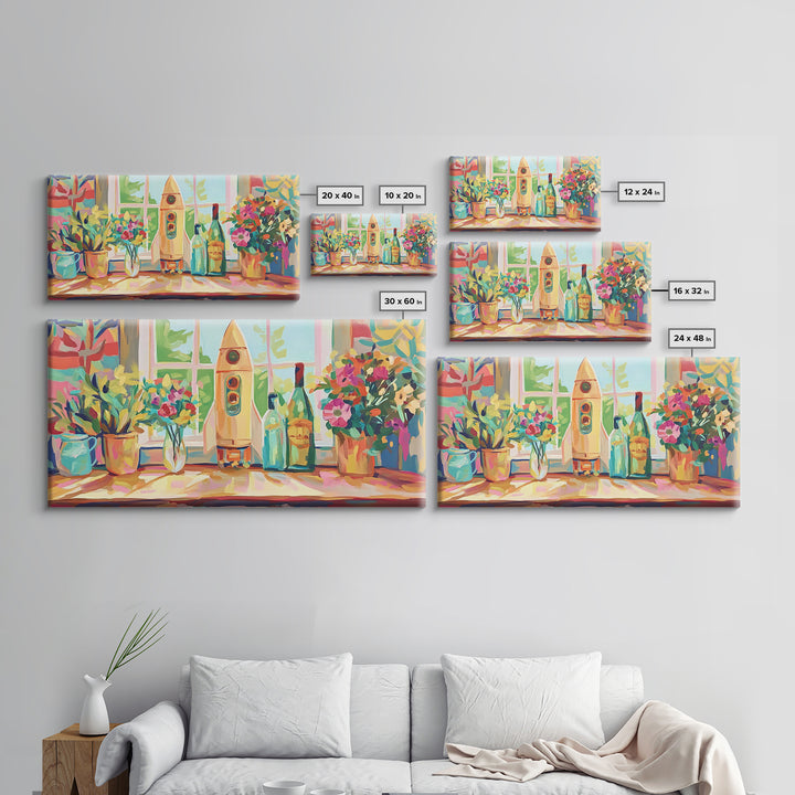 Retro Rocket On Sunny Windowsill With Plants Canvas Print, Space Wall Art, Kids Room Decor, Colorful Nursery Art Print Gift