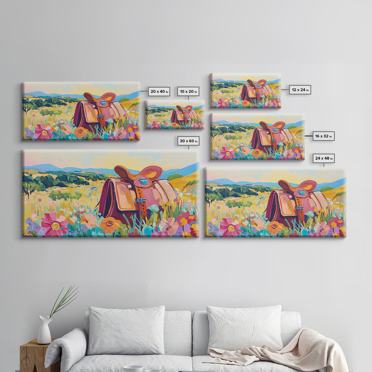 Western Saddle In Wildflower Meadow Wall Art, Cowgirl Canvas Print, Colorful Landscape Art, Rustic Ranch Home Decor Gift