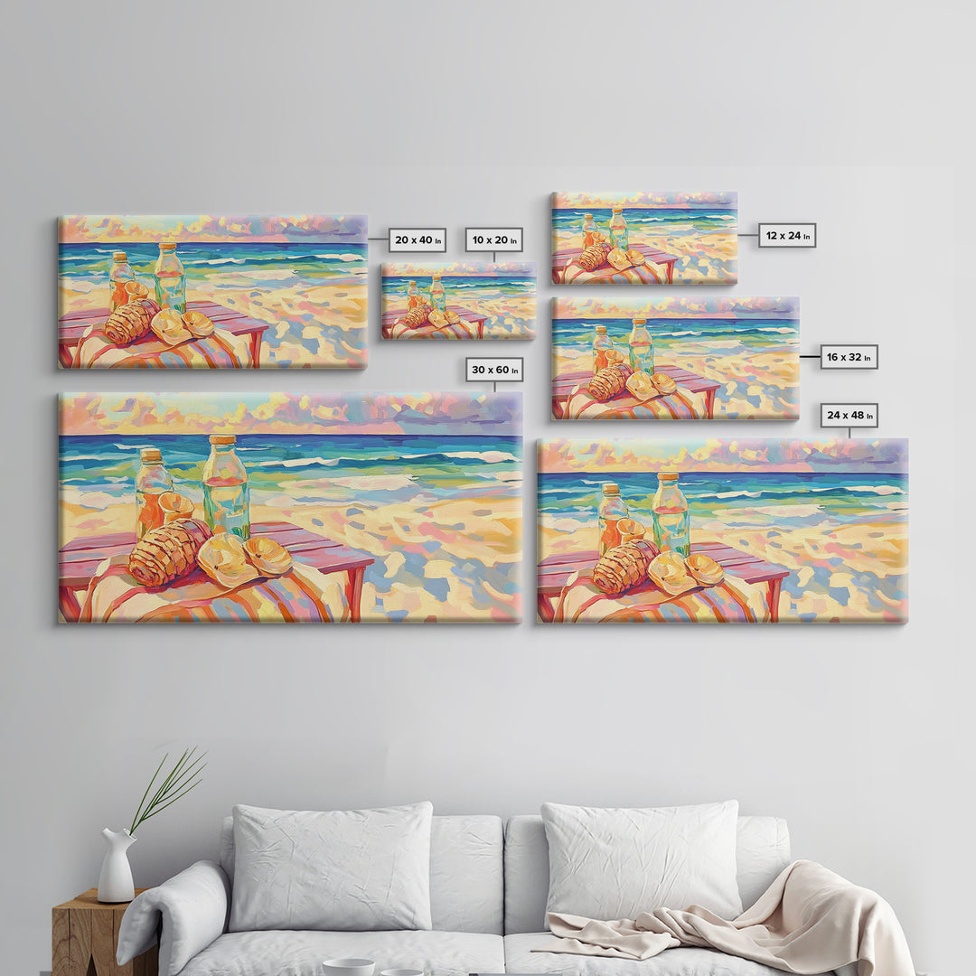 Beach Picnic With Croissants And Bottles Canvas Print, Coastal Wall Art, Ocean Seascape Art, Summer Kitchen Decor Gift For Her