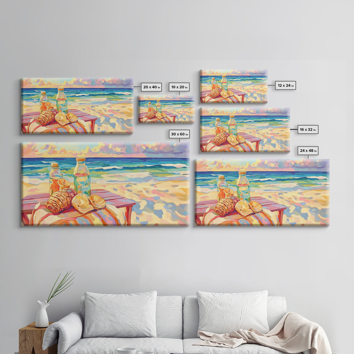Beach Picnic With Croissants And Bottles Canvas Print, Coastal Wall Art, Ocean Seascape Art, Summer Kitchen Decor Gift For Her