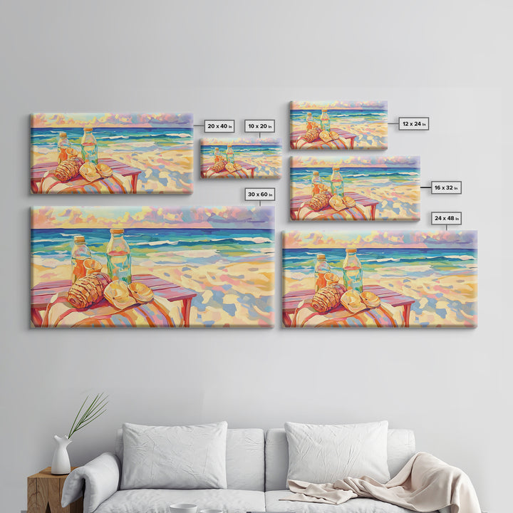 Beach Picnic With Croissants And Bottles Canvas Print, Coastal Wall Art, Ocean Seascape Art, Summer Kitchen Decor Gift For Her