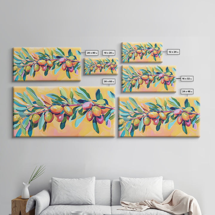Olive Branch With Green Leaves And Golden Fruit Wall Art, Mediterranean Canvas Print, Botanical Kitchen Decor Gift For Her