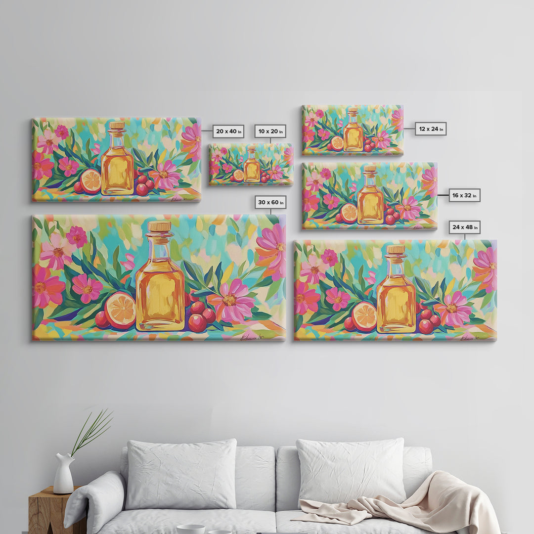 Olive Oil Bottle With Lemon And Pink Flowers Canvas Print, Mediterranean Wall Art, Botanical Kitchen Home Decor Gift For Her