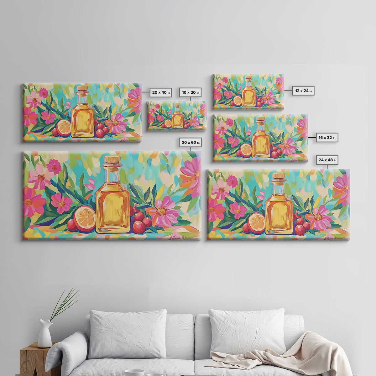 Olive Oil Bottle With Lemon And Pink Flowers Canvas Print, Mediterranean Wall Art, Botanical Kitchen Home Decor Gift For Her