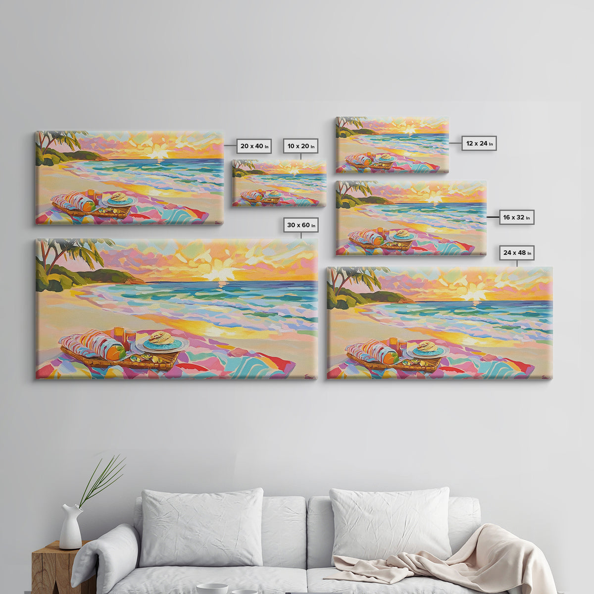Tropical Beach Picnic At Sunset Canvas Print, Coastal Wall Art, Ocean Decor, Beach House Decor, Summer Wall Art, Gift For Her