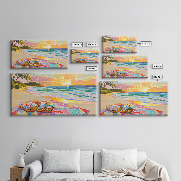 Tropical Beach Picnic At Sunset Canvas Print, Coastal Wall Art, Ocean Decor, Beach House Decor, Summer Wall Art, Gift For Her