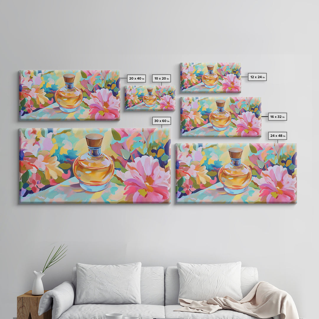 Elegant Perfume Bottle With Pink Daisy Canvas Print, Feminine Wall Art, Floral Wall Decor, Gift For Her, Romantic Decor Print