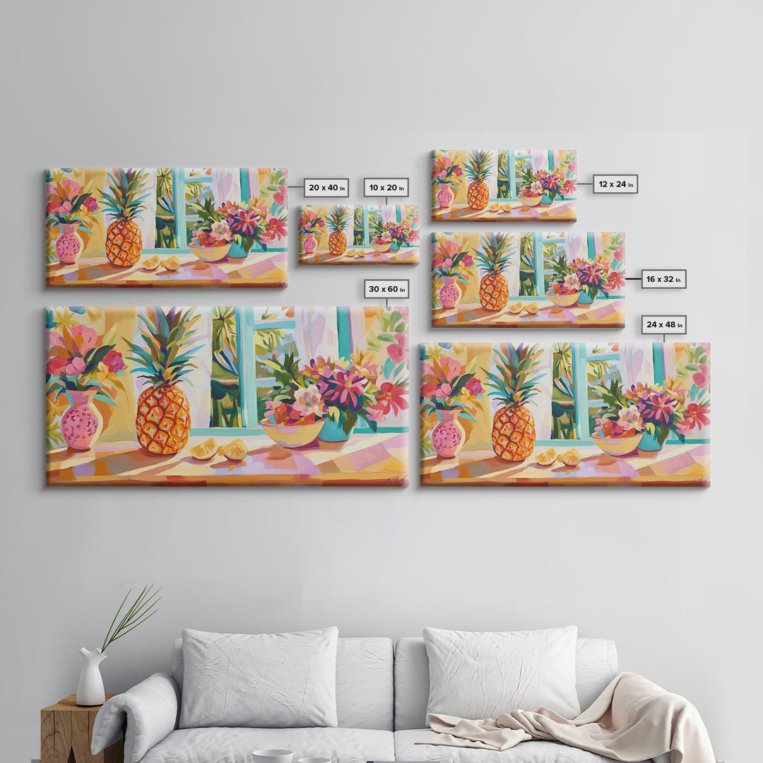 Pineapple And Tropical Flowers Canvas Print, Colorful Kitchen Wall Art, Summer Fruit Still Life, Coastal Home Decor Gift