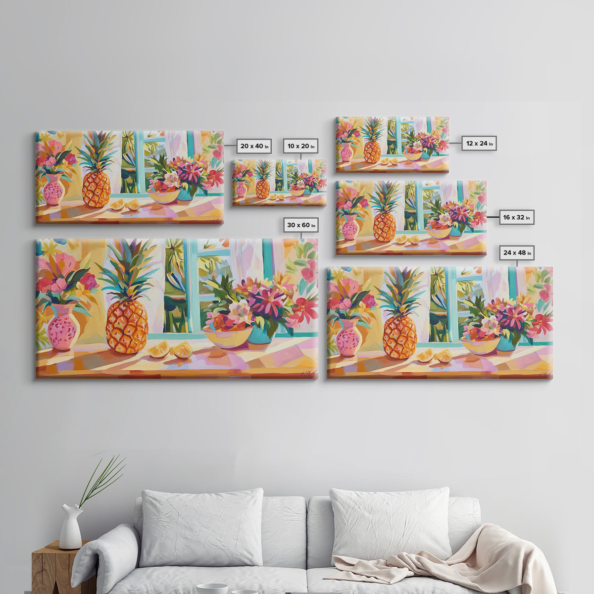 Pineapple And Tropical Flowers Canvas Print, Colorful Kitchen Wall Art, Summer Fruit Still Life, Coastal Home Decor Gift