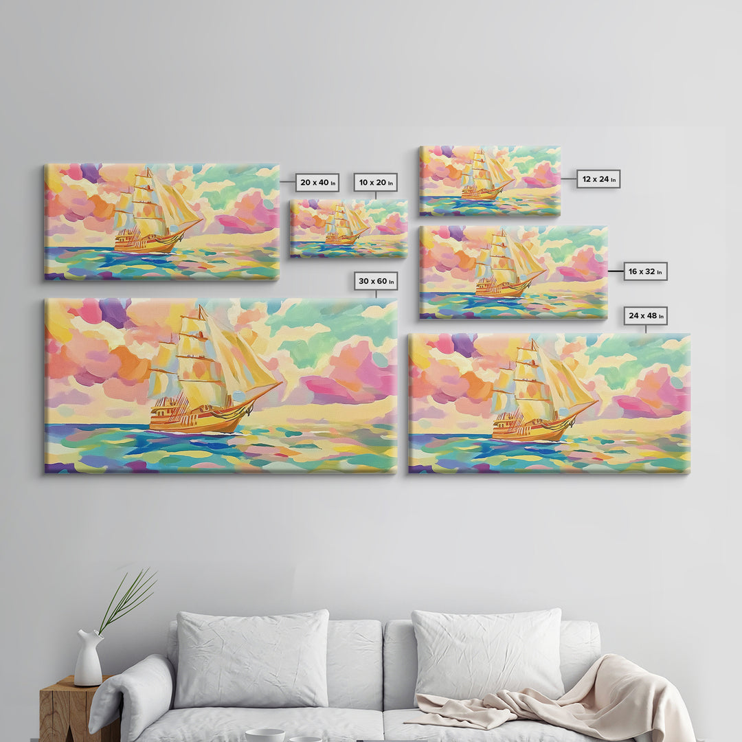 Pastel Sailboat On Turquoise Sea Canvas Print, Coastal Wall Art, Nautical Decor, Ocean Landscape, Beach House Gift For Living Room