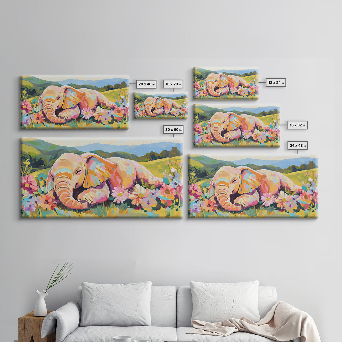 Sleeping Baby Elephant In Flower Meadow Framed Canvas Print, Safari Nursery Wall Art, Whimsical Animal Art, Kids Room Decor