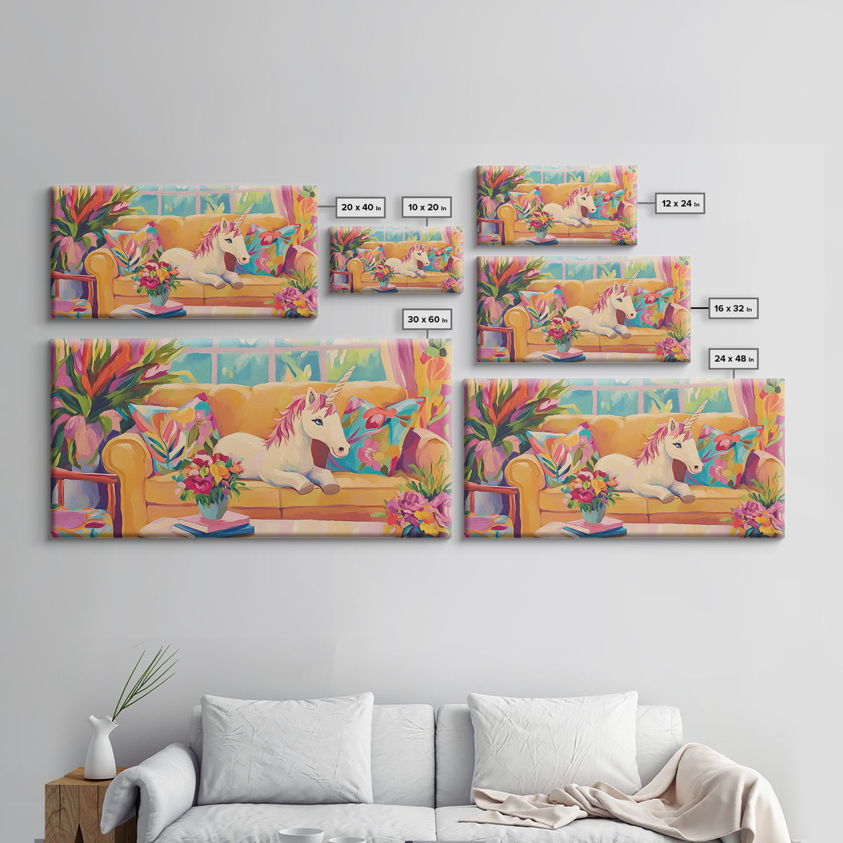 White Unicorn Lounging On Yellow Sofa Wall Art, Whimsical Nursery Art Print, Girls Room Decor, Fantasy Home Decor, Unique Gift