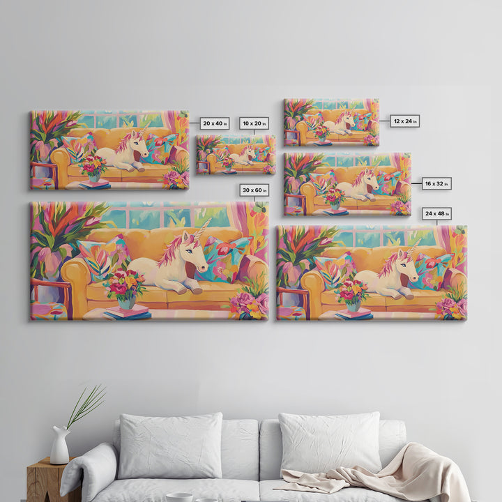 White Unicorn Lounging On Yellow Sofa Wall Art, Whimsical Nursery Art Print, Girls Room Decor, Fantasy Home Decor, Unique Gift