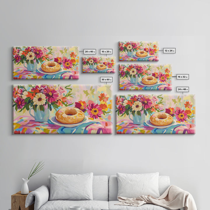 Glazed Donut And Garden Flowers Canvas Print, Bakery Wall Art, Cheerful Kitchen Decor, Colorful Breakfast Nook Art, Housewarming Gift