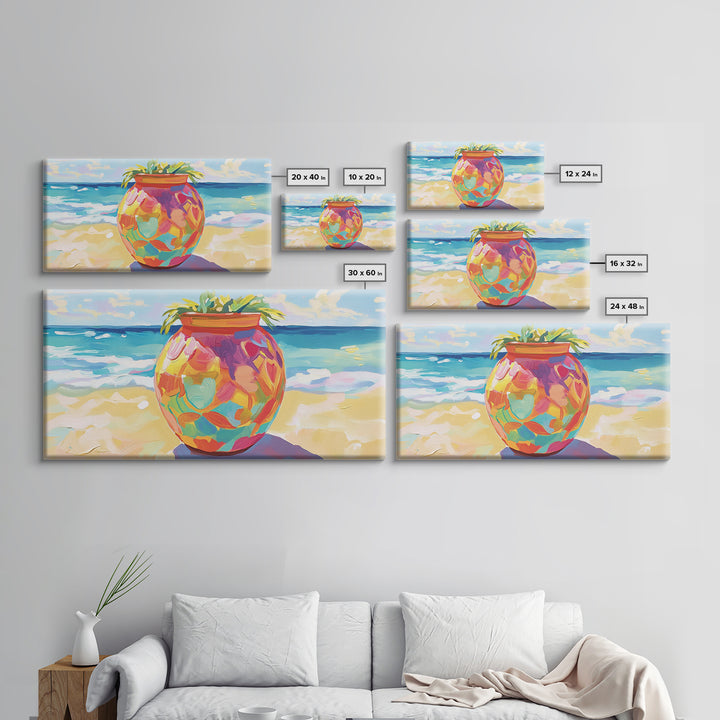 Painted Beach Planter With Ocean View Canvas Print, Coastal Wall Art, Tropical Beach House Decor, Colorful Summer Art Gift