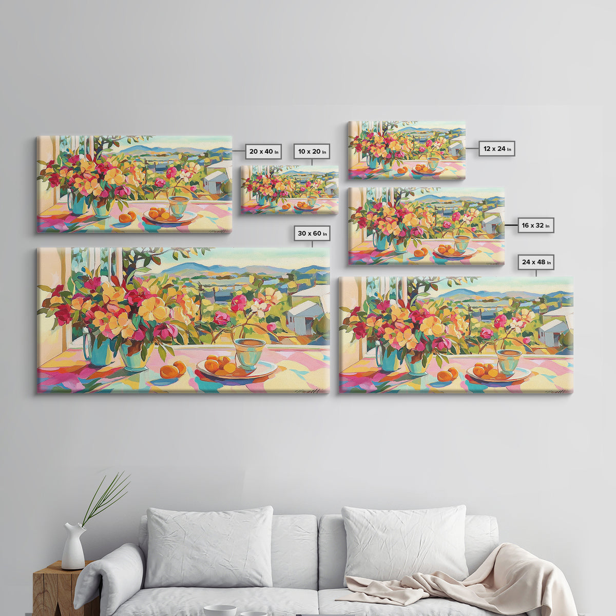 Sunny Terrace Flowers And Citrus Canvas Print, Mediterranean Wall Art, Italian Countryside Decor, Colorful Dining Room Print