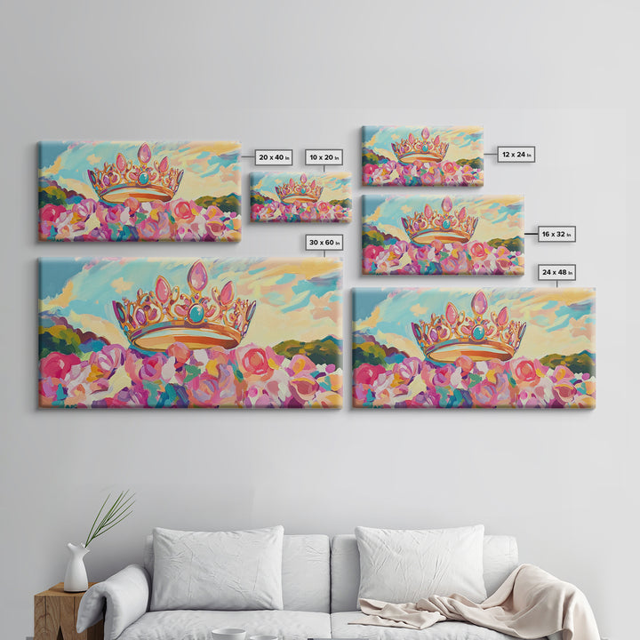 Jeweled Crown Over Pink Roses Canvas Print, Magical Princess Wall Art, Fairytale Nursery Decor, Whimsical Girls Room Gift