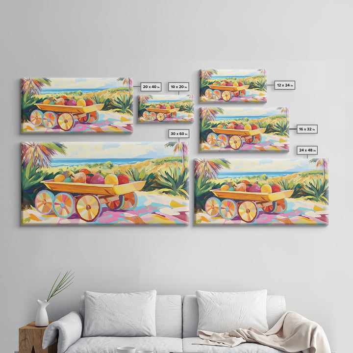 Tropical Fruit Cart By The Sea Canvas Print, Coastal Wall Art, Tropical Beach House Decor, Colorful Summer Kitchen Art Gift