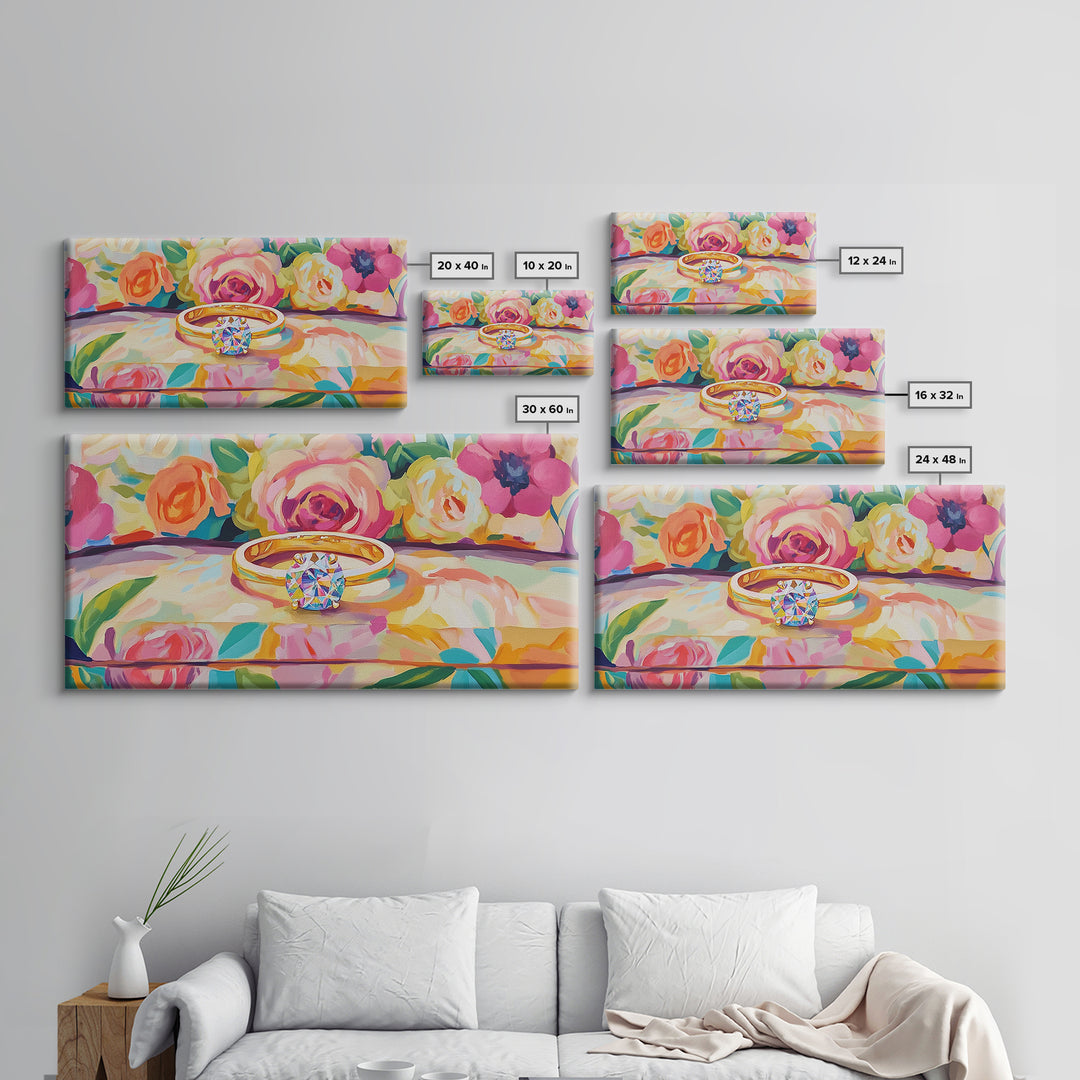Diamond Engagement Ring With Roses Framed Canvas Print, Romantic Wall Art, Floral Wall Decor, Anniversary Wedding Gift For Her