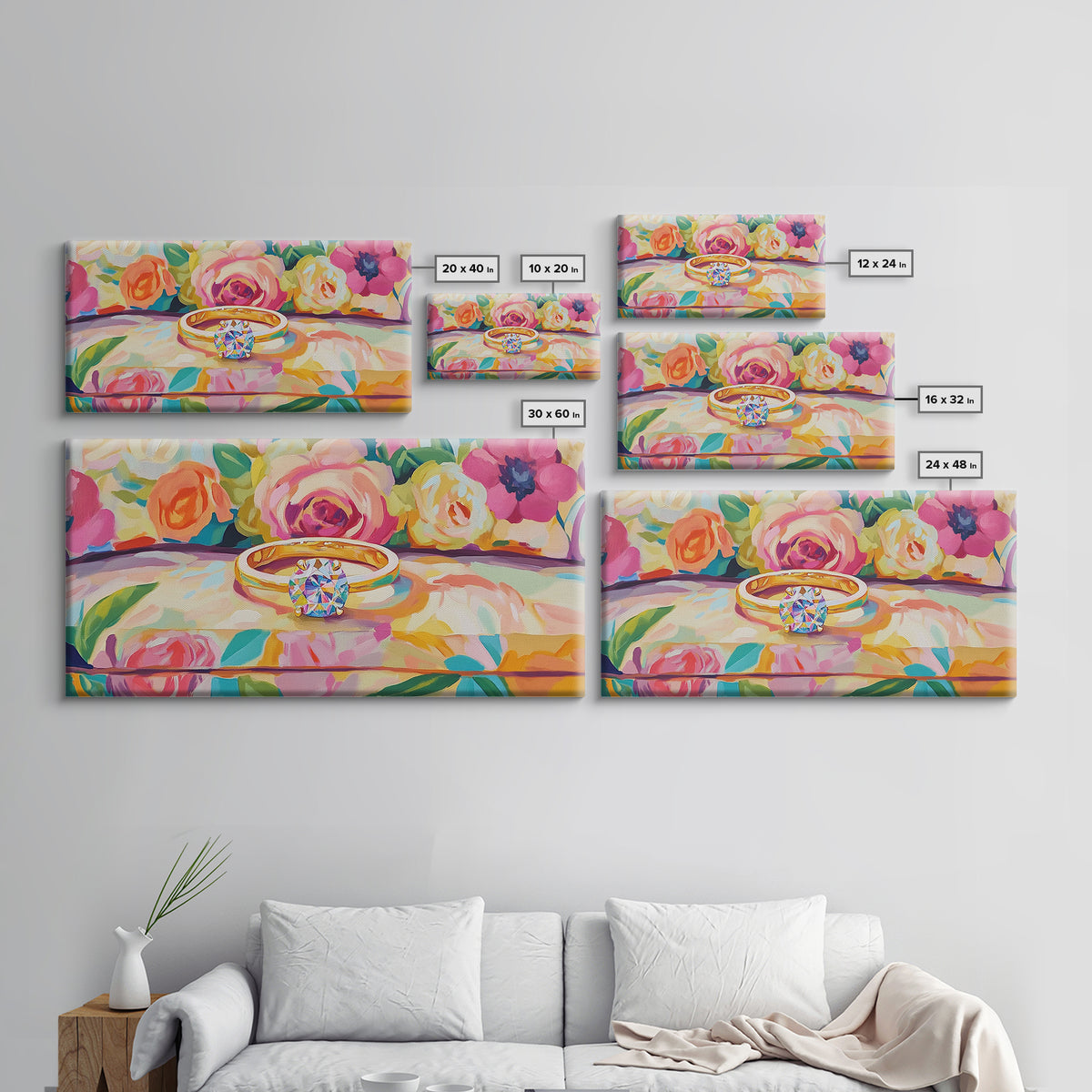 Diamond Engagement Ring With Roses Framed Canvas Print, Romantic Wall Art, Floral Wall Decor, Anniversary Wedding Gift For Her