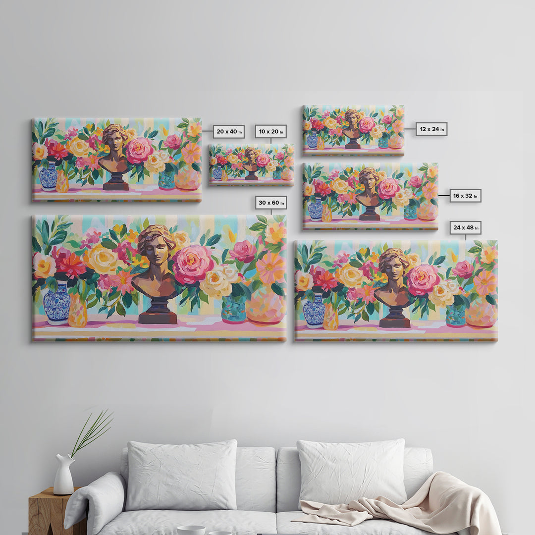 Classical Bust With Roses Framed Canvas Print, Floral Wall Art, Romantic Garden Decor, Feminine Living Room Art Gift For Her