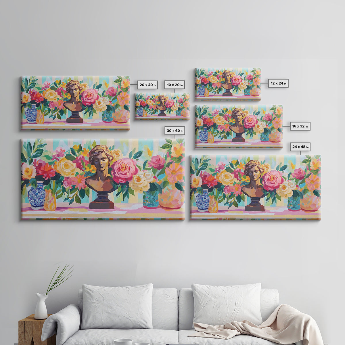 Classical Bust With Roses Framed Canvas Print, Floral Wall Art, Romantic Garden Decor, Feminine Living Room Art Gift For Her