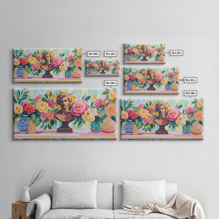 Classical Bust With Roses Framed Canvas Print, Floral Wall Art, Romantic Garden Decor, Feminine Living Room Art Gift For Her
