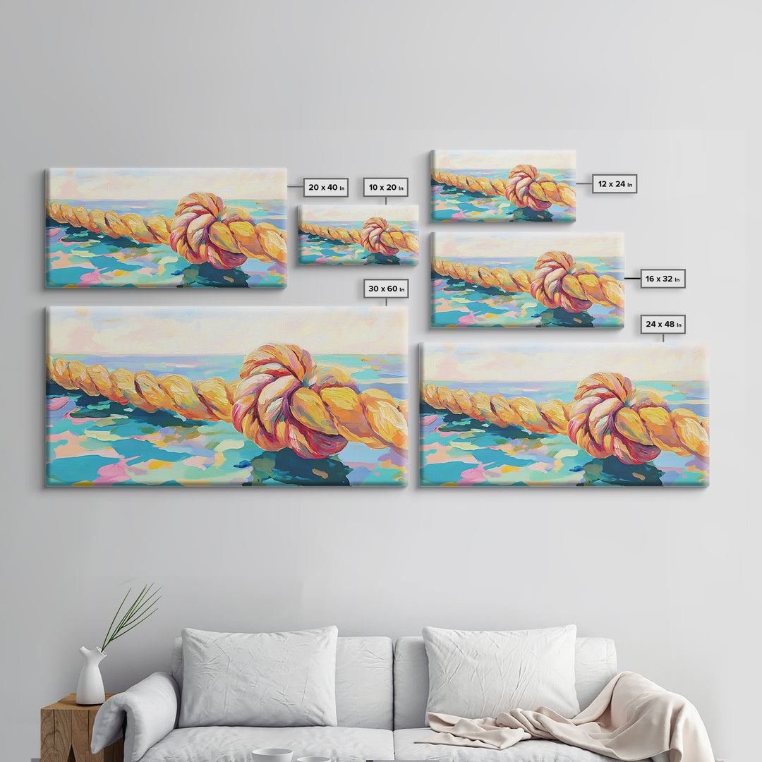 Nautical Rope Knot By Blue Sea Canvas Print, Coastal Wall Art, Ocean Beach House Decor, Lake House Living Room Decor Gift