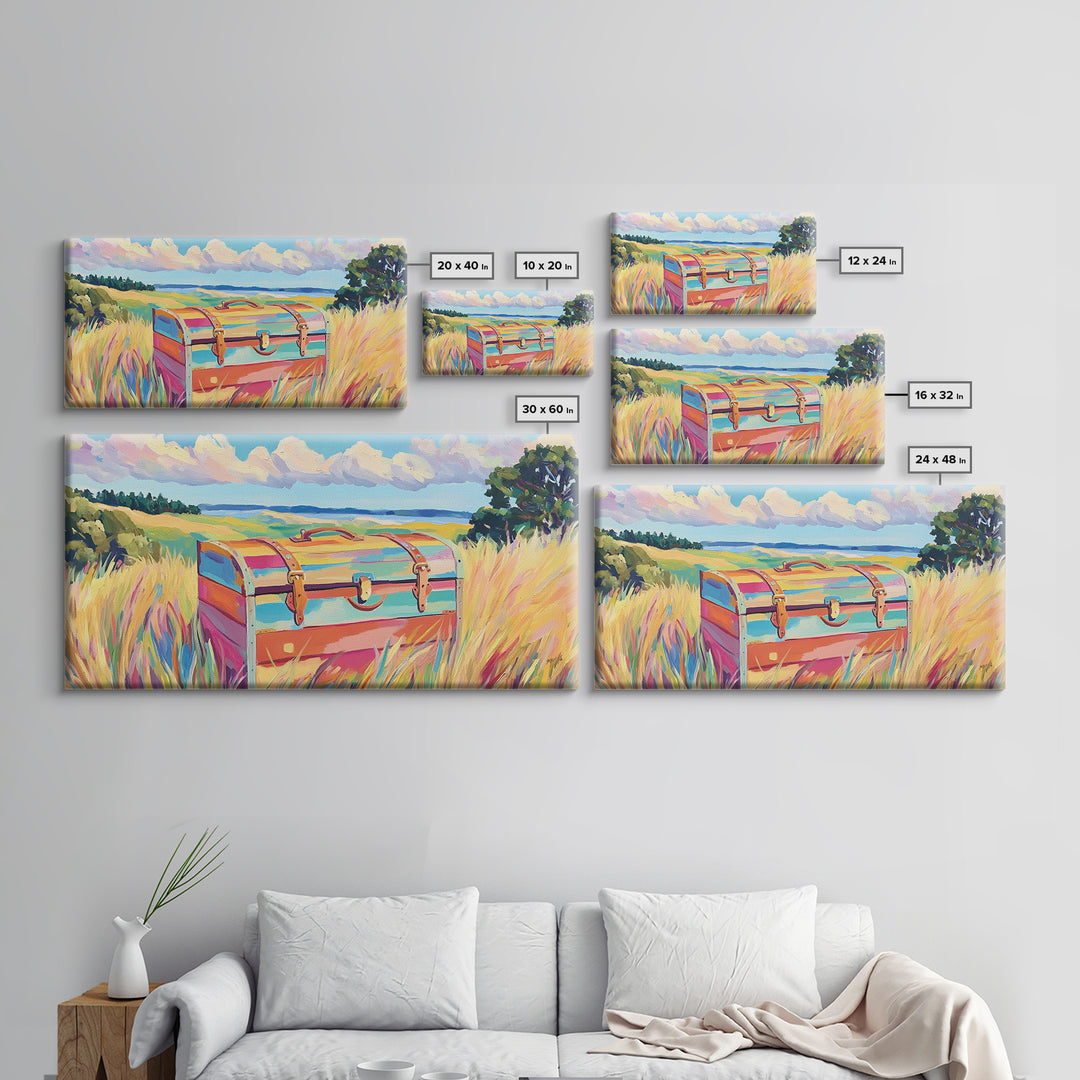 Striped Treasure Chest In Coastal Meadow Framed Canvas Print, Beach House Decor, Colorful Landscape Wall Art, Housewarming Gift
