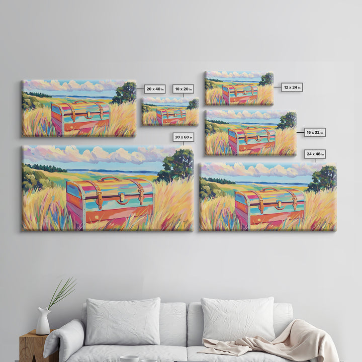 Striped Treasure Chest In Coastal Meadow Framed Canvas Print, Beach House Decor, Colorful Landscape Wall Art, Housewarming Gift