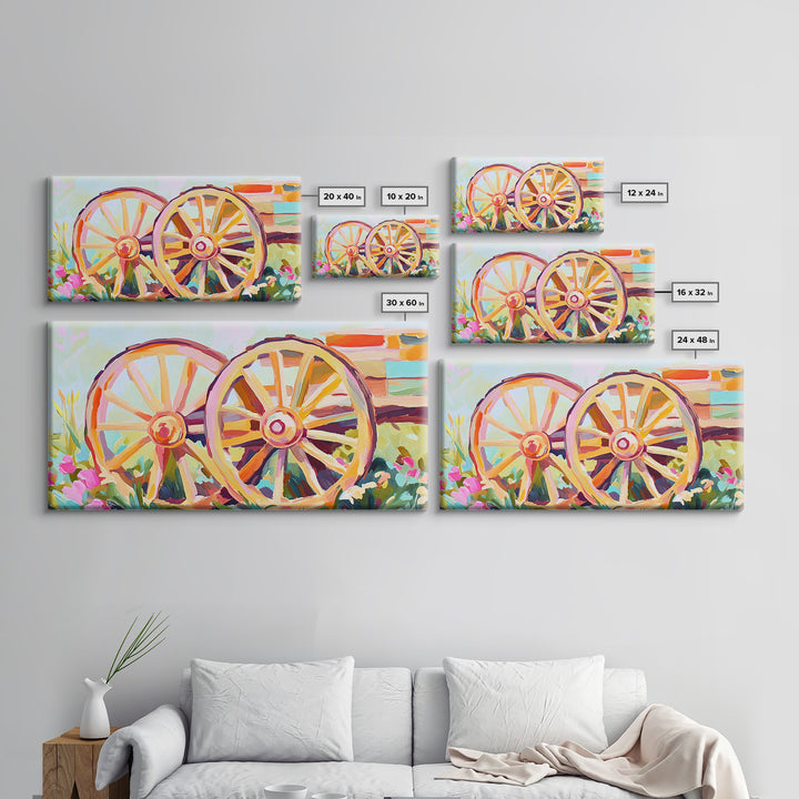 Rustic Wagon Wheels In Flower Garden Framed Canvas Print, Farmhouse Wall Art, Western Decor, Country Landscape Gift For Home