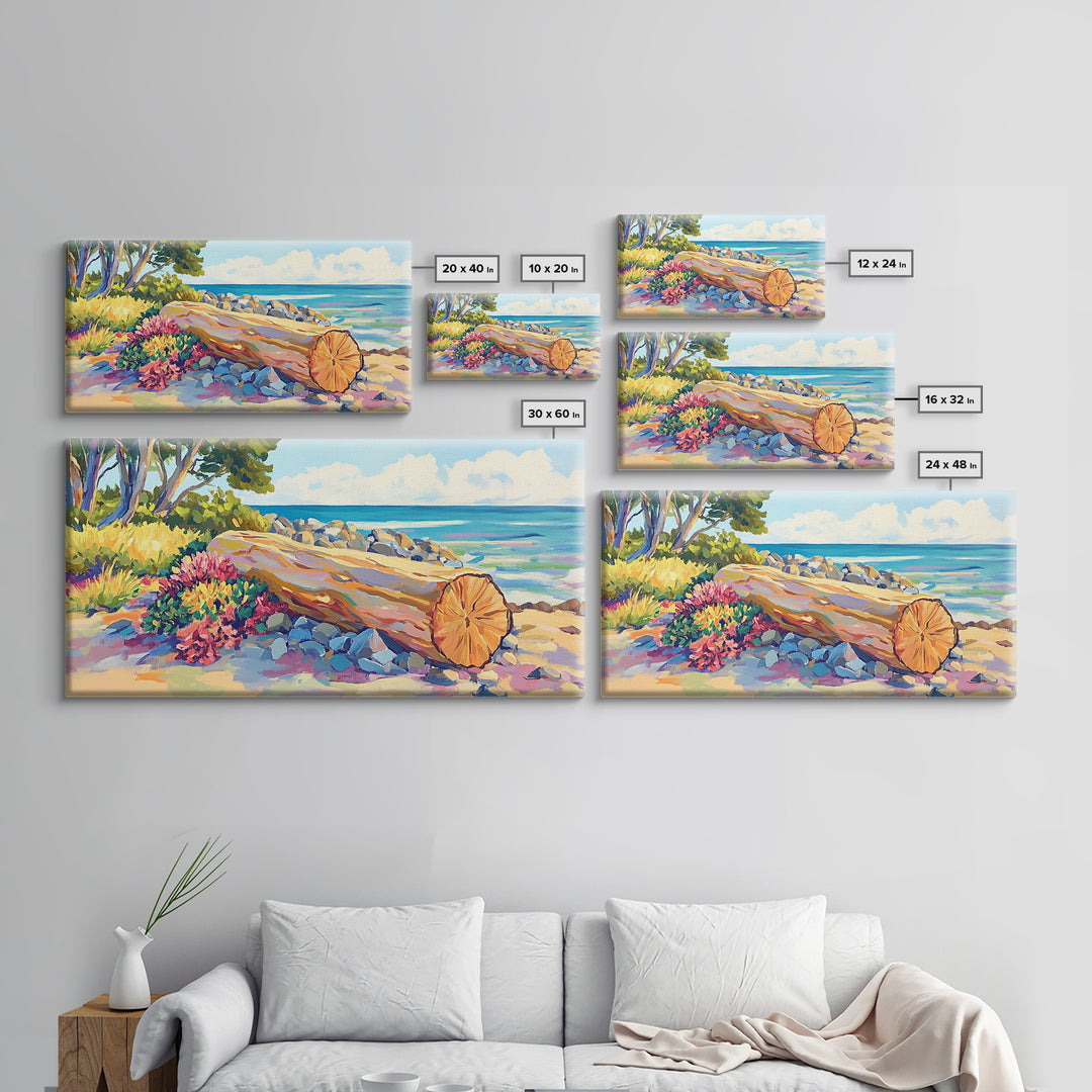 Sunlit Driftwood Beach And Turquoise Ocean Canvas Print, Coastal Wall Art, Seascape Painting, Beach House Decor Gift For Her