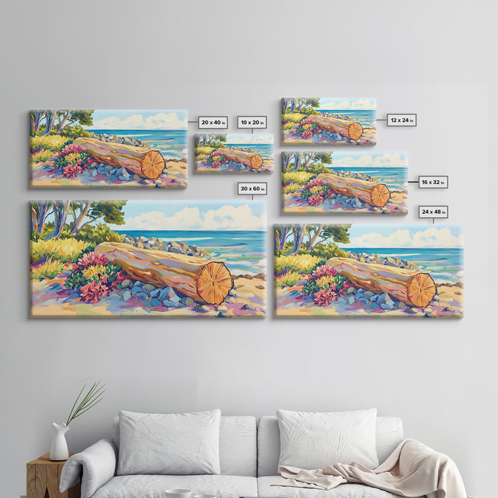 Sunlit Driftwood Beach And Turquoise Ocean Canvas Print, Coastal Wall Art, Seascape Painting, Beach House Decor Gift For Her