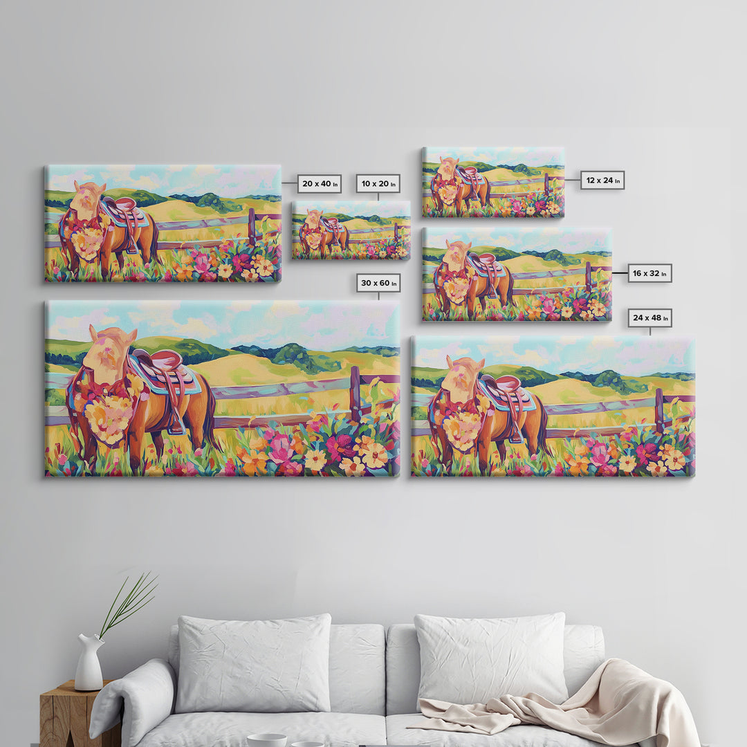 Pasture Horse With Saddle And Wildflowers Framed Canvas Print, Western Wall Art, Country Farmhouse Decor, Horse Lover Gift