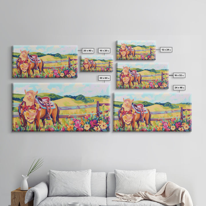 Pasture Horse With Saddle And Wildflowers Framed Canvas Print, Western Wall Art, Country Farmhouse Decor, Horse Lover Gift