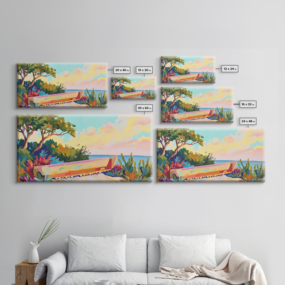 Pastel Garden Bench Overlooking Calm Sea Canvas Print, Coastal Wall Art, Mediterranean Decor, Serene Landscape For Living Room