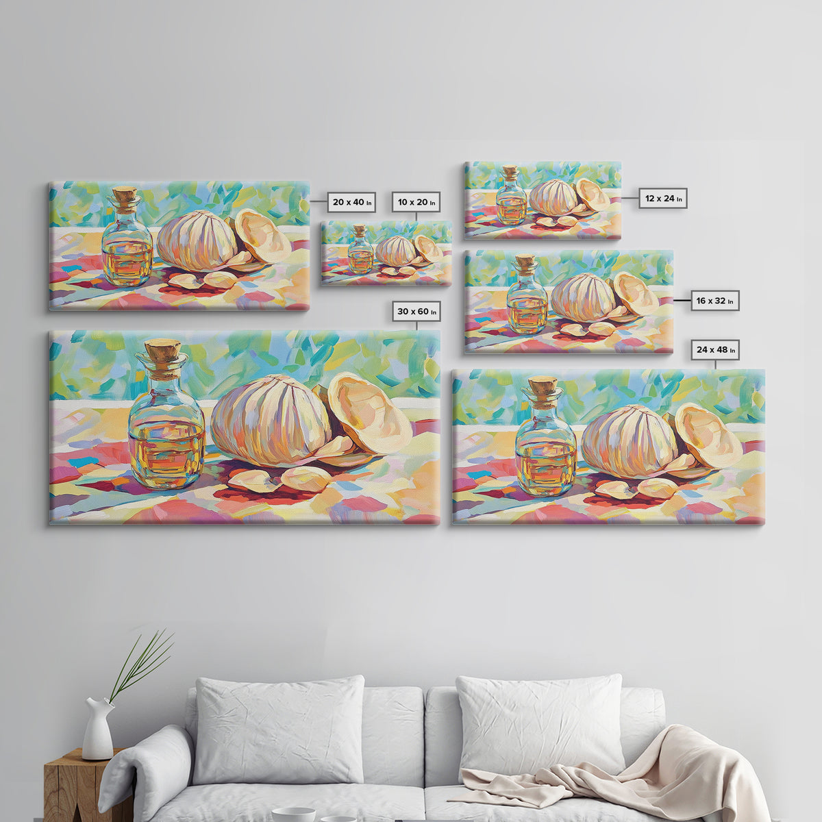 Garlic Bulb With Glass Oil Bottle And Shell Canvas Print, Kitchen Wall Art, Coastal Food Still Life Decor, Housewarming Gift