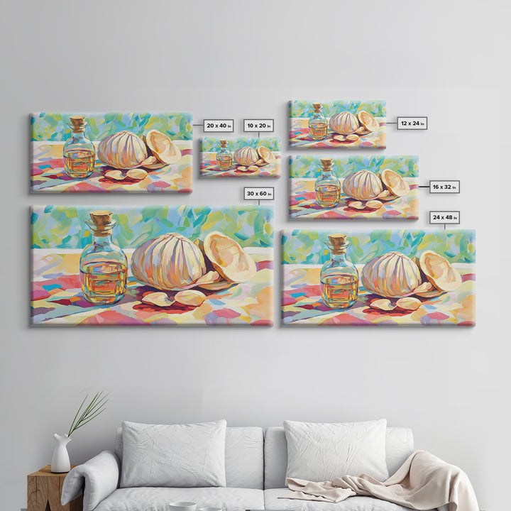 Garlic Bulb With Glass Oil Bottle And Shell Canvas Print, Kitchen Wall Art, Coastal Food Still Life Decor, Housewarming Gift
