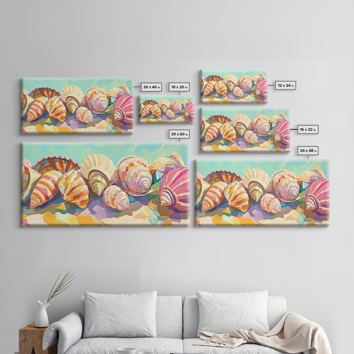Rainbow Seashell Collection Beach Still Life Canvas Print, Coastal Wall Art, Nautical Home Decor, Colorful Beach House Gift