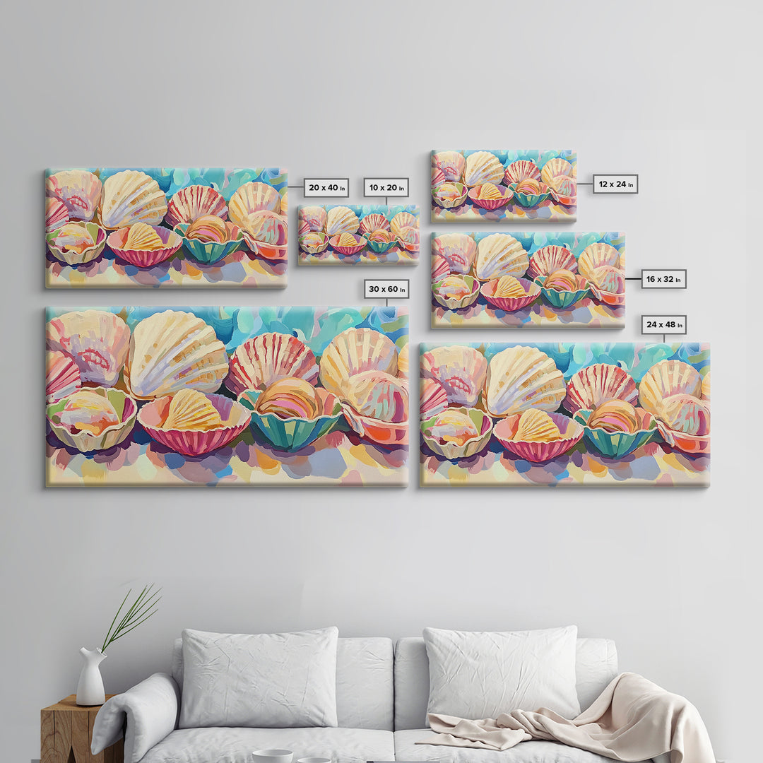 Colorful Scallop Shell Trio Still Life Wall Art, Coastal Bathroom Decor, Seashell Canvas Print, Beach House Gallery Art Print