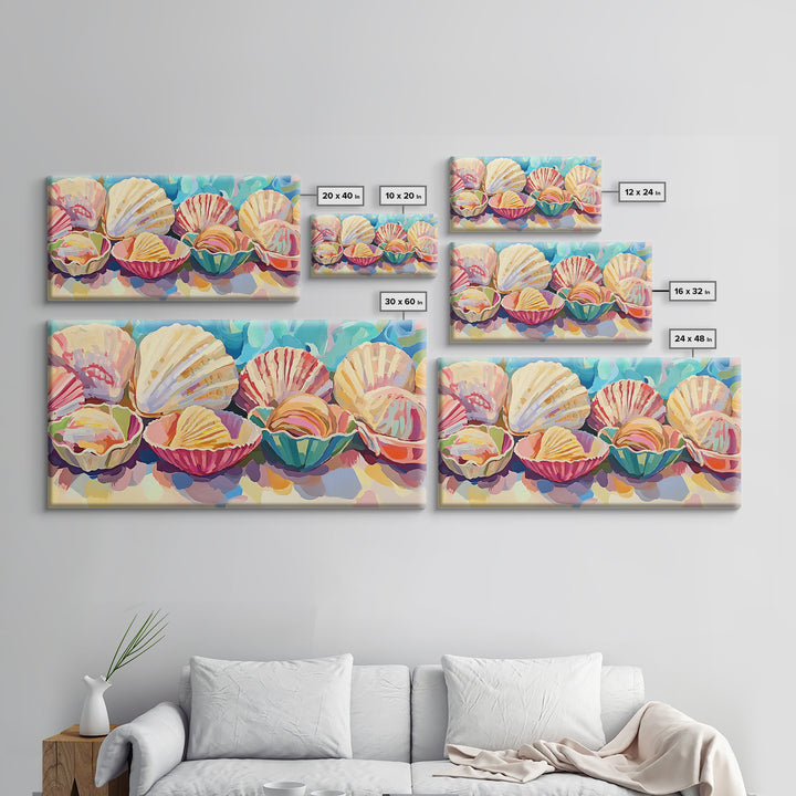 Colorful Scallop Shell Trio Still Life Wall Art, Coastal Bathroom Decor, Seashell Canvas Print, Beach House Gallery Art Print