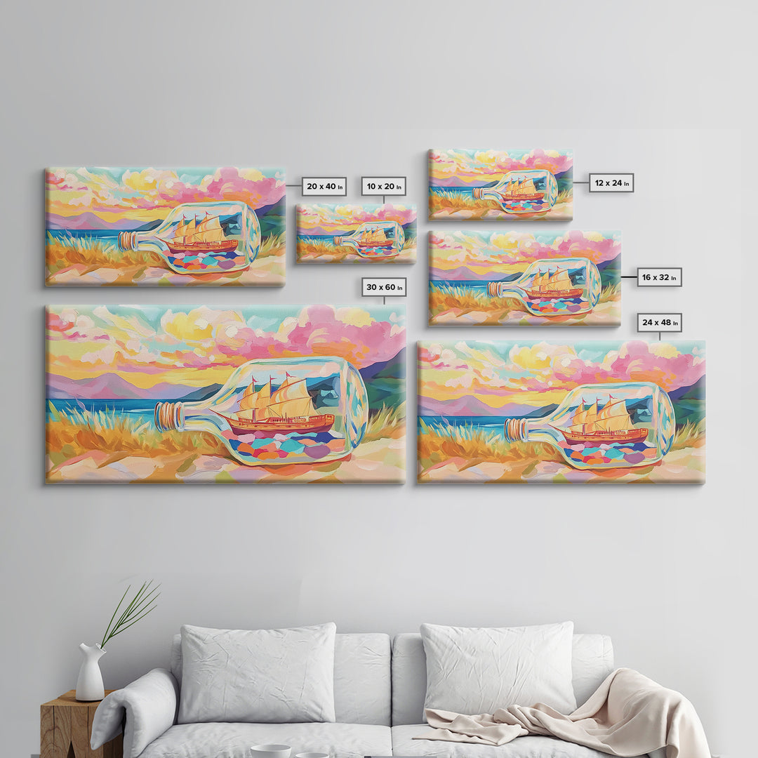 Ship In A Bottle Sunset Seascape Canvas Print, Coastal Wall Art, Nautical Beach House Decor, Whimsical Ocean Landscape Art