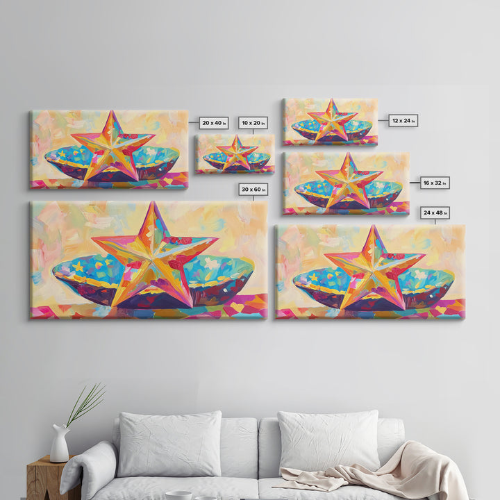Painted Starfish And Bright Seashell Still Life Wall Art, Coastal Canvas Print, Beach House Decor, Colorful Nautical Art Gift