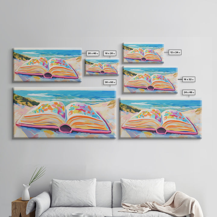 Open Book On Sunny Beach Canvas Print, Coastal Wall Art, Beach House Decor, Ocean Landscape Art, Gift For Book Lover, Living Room Decor